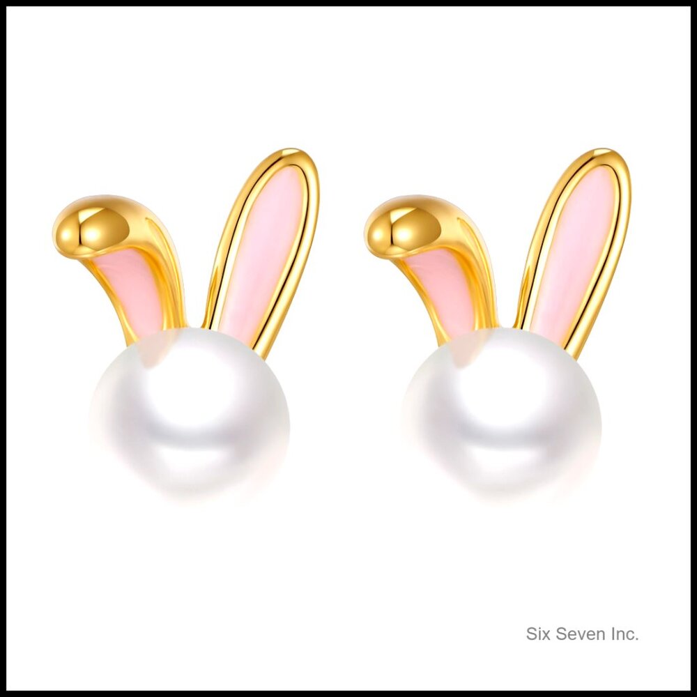 Pearl Bunny Stud Earrings Gold Plated Dainty Animal Jewelry